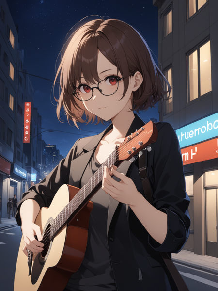 31073575-684726996372593-1girl, upper body, standing, playing guitar, medium hair, brown hair, red eyes, black glasses, black jacket, sleeves rolled up,.png